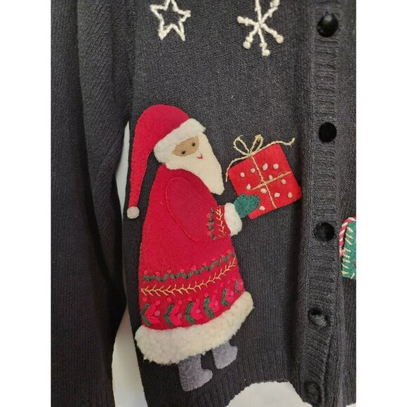Talbots Ugly Christmas Sweater Cardigan Black Santa Applique Petite Small Ramie - Picture 6 of 8